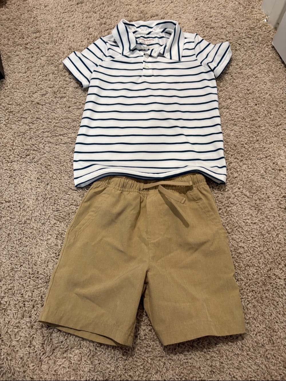 Tommy Bahama Boys White & Navy Stripe Polo with Tan Shorts